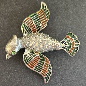 Shiny Silver and Green Bird Brooch